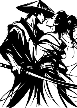 Samurai Love: Black and White Illustration