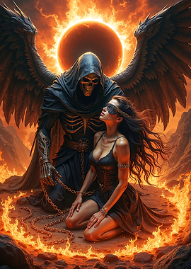 Grim Reaper with Blindfolded Woman