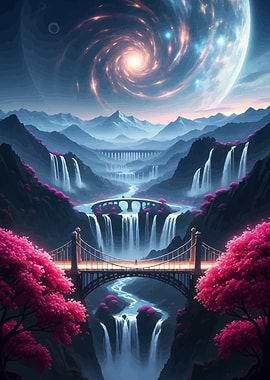 Fantasy Landscape with Bridges and Waterfalls