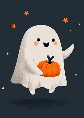 Cute Ghost with Pumpkin Illustration