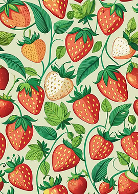 Strawberry Pattern with Green Leaves