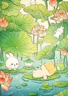 Cute Animals Lotus Pond
