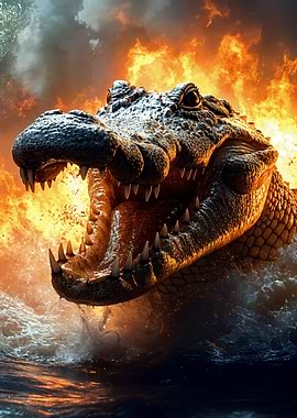 Fiery Crocodile Emerging from Water