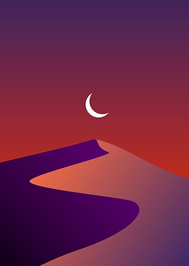 Minimalist Desert Landscape with Crescent Moon