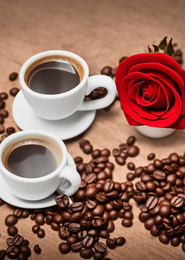 Coffee Cups, Rose, and Coffee Beans