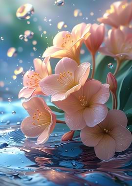 Peach Flowers in Water with Bubbles