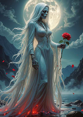Skeletal Woman with Rose by Moonlight