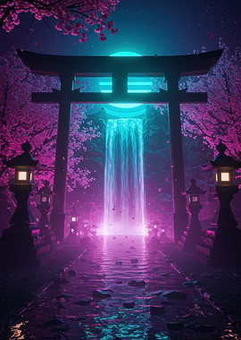 Neon Japanese Torii Gate with Waterfall