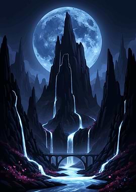 Fantasy Landscape with Moon and Waterfalls