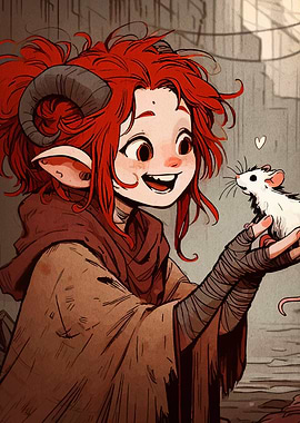 Smiling Tiefling Girl with White Mouse