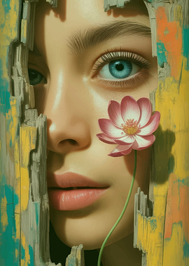 Woman's face with flower and wood