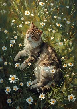 Cat in a field of daisies