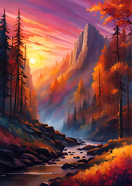 Autumn Mountain River Landscape Painting