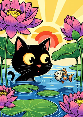 Cartoon Cat and Fish in Lotus Pond