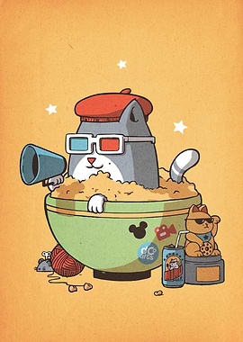 Cat in Popcorn Bowl Illustration