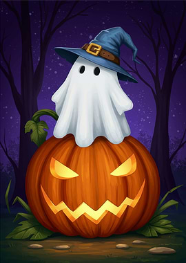 Halloween Ghost on Pumpkin with Hat
