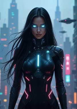 Cyberpunk Woman in Futuristic Cityscape