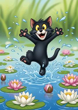 Cartoon Cat Jumping in Lily Pond