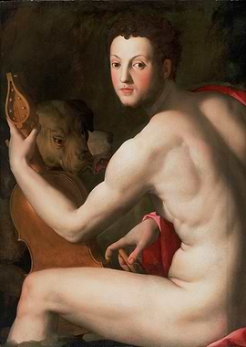 Man with Dog and Musical Instrument