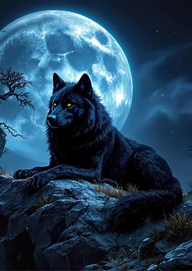 Black Wolf Under Moonlight