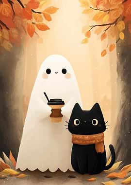 Cute Ghost and Cat Autumn Scene