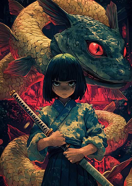 Anime Girl with Katana and Dragon