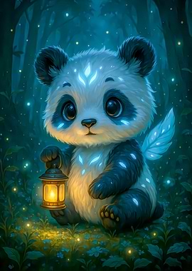 Cute Panda with Lantern in Forest