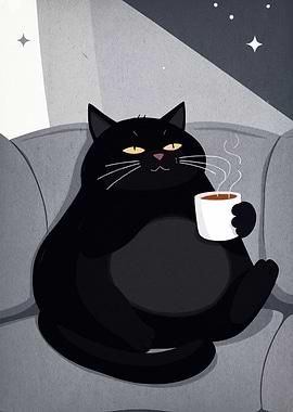 Relaxed Black Cat with Coffee