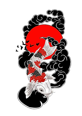 Koi Fish with Red Sun and Clouds