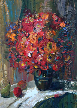 Floral Still Life Painting with Fruit