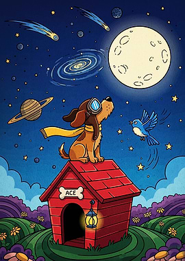 Dog Pilot on Doghouse at Night
