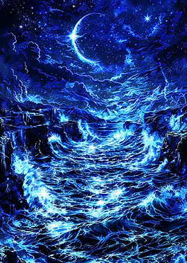 Celestial Blue Tide - Moonlit Cosmic SeaScape - Surreal Ocean & Moon