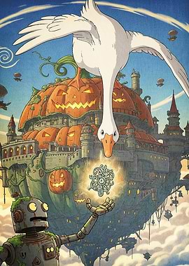 Fantasy Floating Pumpkin City Robot