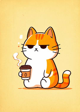 Grumpy Cat with Coffee Cartoon