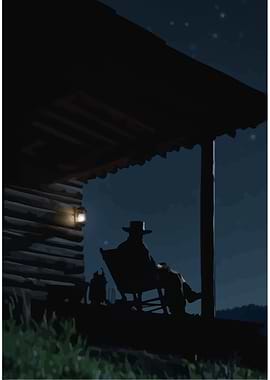 Night Porch Scene with Cowboy Silhouette