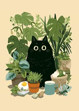 Black Cat Surrounded by Plants