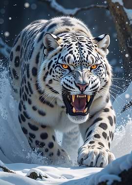 Roaring Snow Leopard in Winter