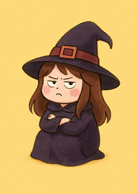 Grumpy Cartoon Witch on Yellow Background