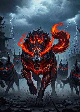 Fiery Wolf Pack in Storm