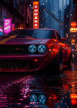 Cyberpunk Challenger in Rainy Cityscape