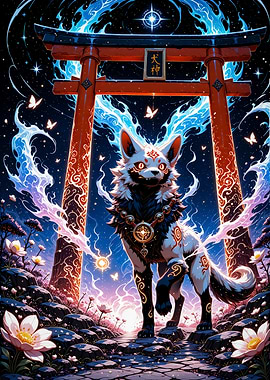 Mystical Ookami Wolf Spirit at Torii Gate Japanese Folklore