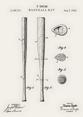 Baseball Bat Patent Drawing - 1939