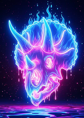 Neon Triceratops Skull with Flames