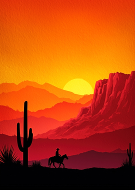 Western Landscape with Cowboy at Sunset
