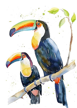 Watercolor Toucans on Branch