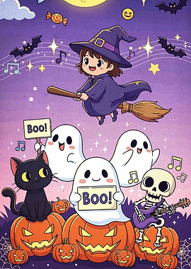 Halloween Cartoon Witch, Ghosts, and Cat