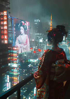 Cyberpunk Geisha in Rainy Tokyo
