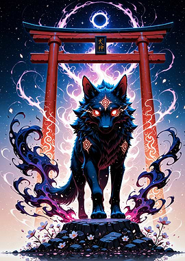 Mystical Ookami Wolf Guardian at Torii Gate Cherry Blossom Japan