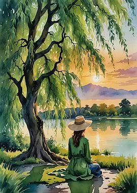 Woman by Lake at Sunset Watercolor