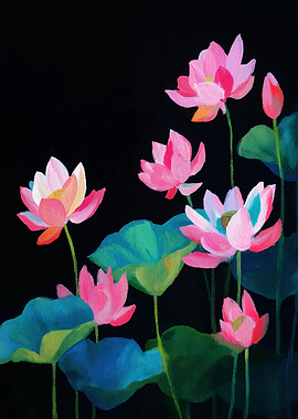 Lotus Flowers Painting on Black Background